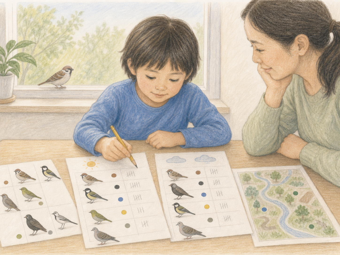 小学生がスズメ、シジュウカラ、メジロ、ムクドリなど日本の身近な野鳥の観察結果を保護者と比べる淡い色鉛筆画