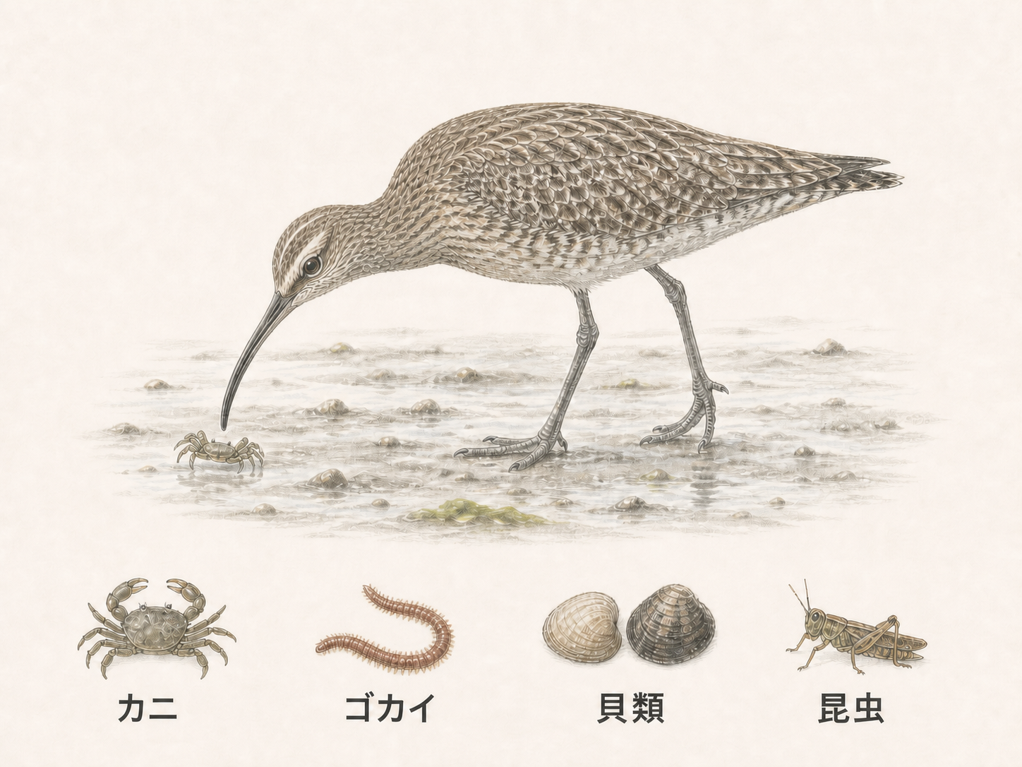 写真を基に淡い灰白色の頭央線と褐色斑を描いたチュウシャクシギの採食姿と食べ物のイラスト