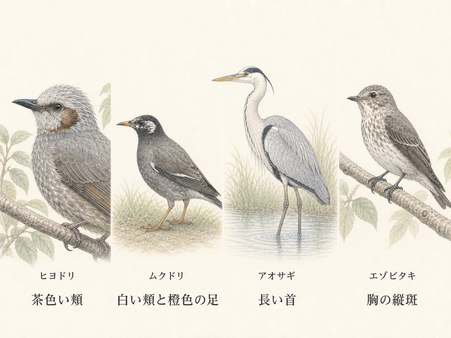 灰色の鳥の識別 ヒヨドリの茶色い頬・ムクドリの白い頬と橙色の足・アオサギの長い首・エゾビタキの胸の縦斑