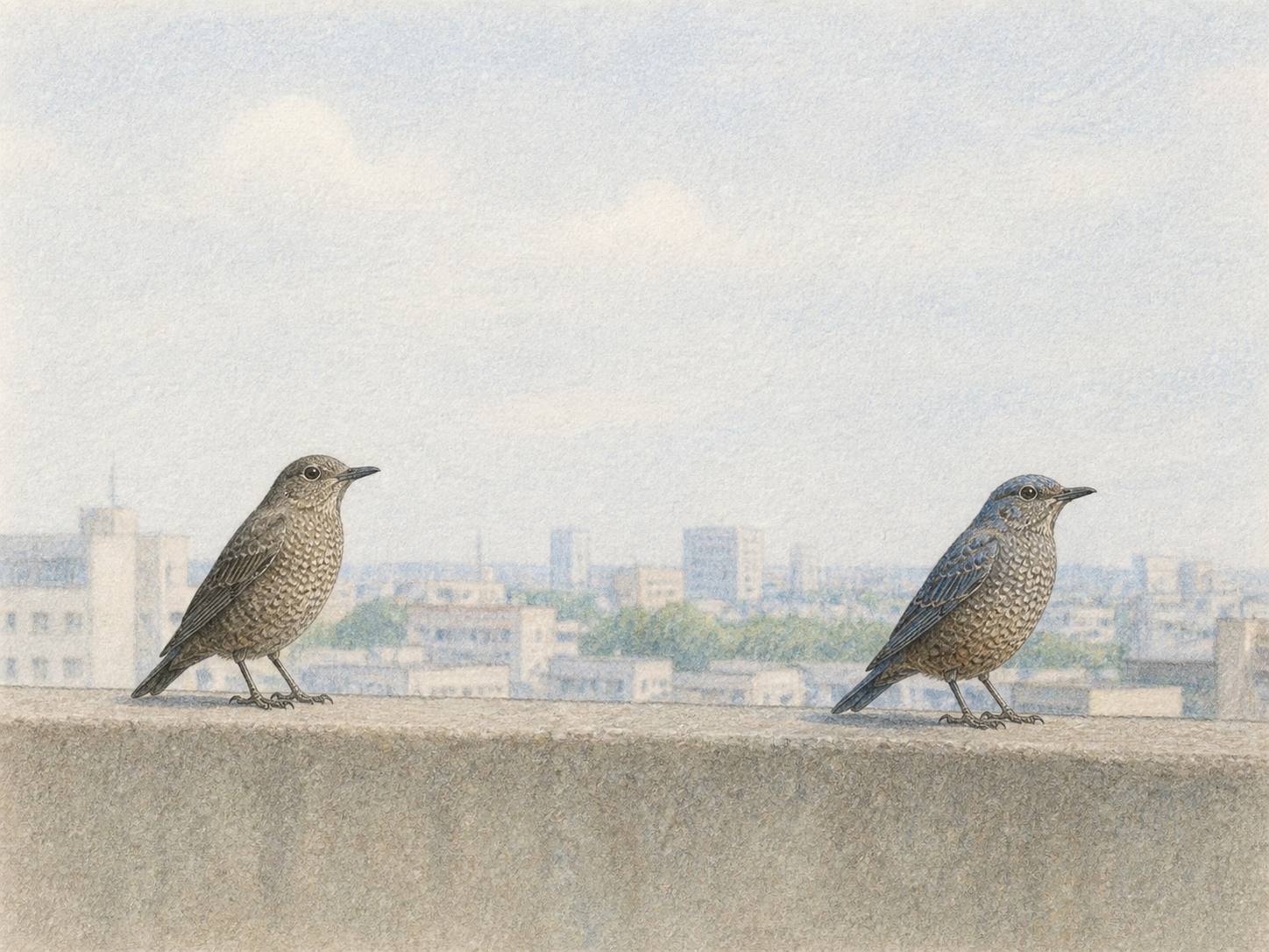 イソヒヨドリの成鳥メスと青みが出始めた若いオス
