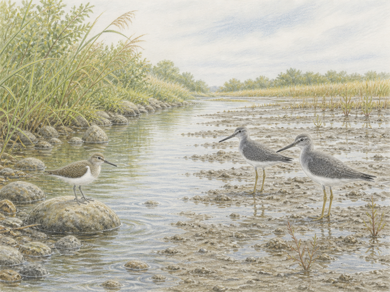 河川のイソシギと秋の干潟のキアシシギを描いた生息地と季節の色鉛筆画