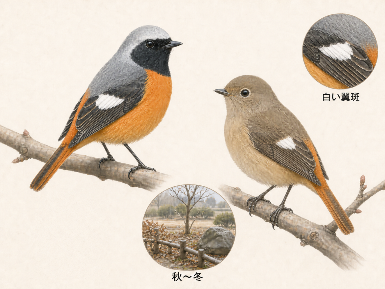ジョウビタキのオスとメス、白い翼斑と秋から冬の生息環境を示すイラスト