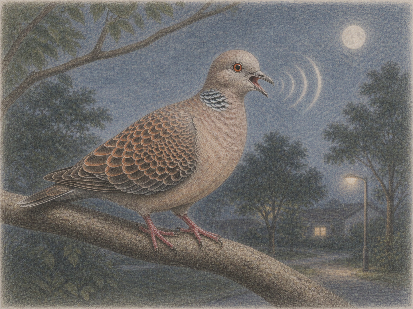 夜の住宅地で鳴くキジバトと街灯の色鉛筆イラスト
