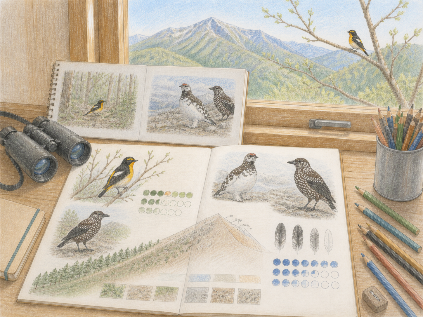 ライチョウ、ホシガラス、雄のキビタキのスケッチを山の環境図とともにまとめた淡い色鉛筆画