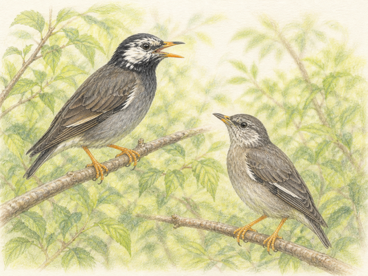 枝で鳴くムクドリの成鳥と近くで聞く幼鳥を描いた淡い色鉛筆画