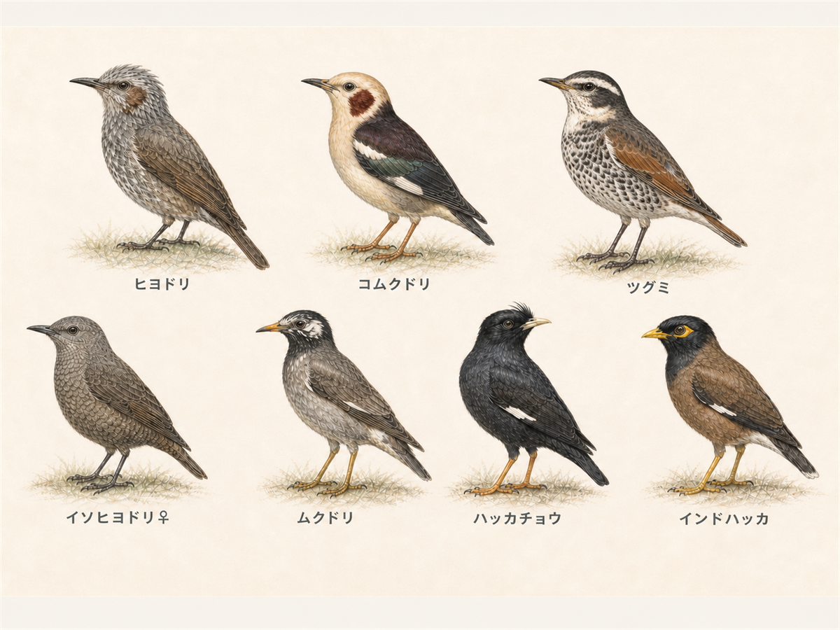 ムクドリと似た鳥6種の名前と外見をまとめた識別イラスト