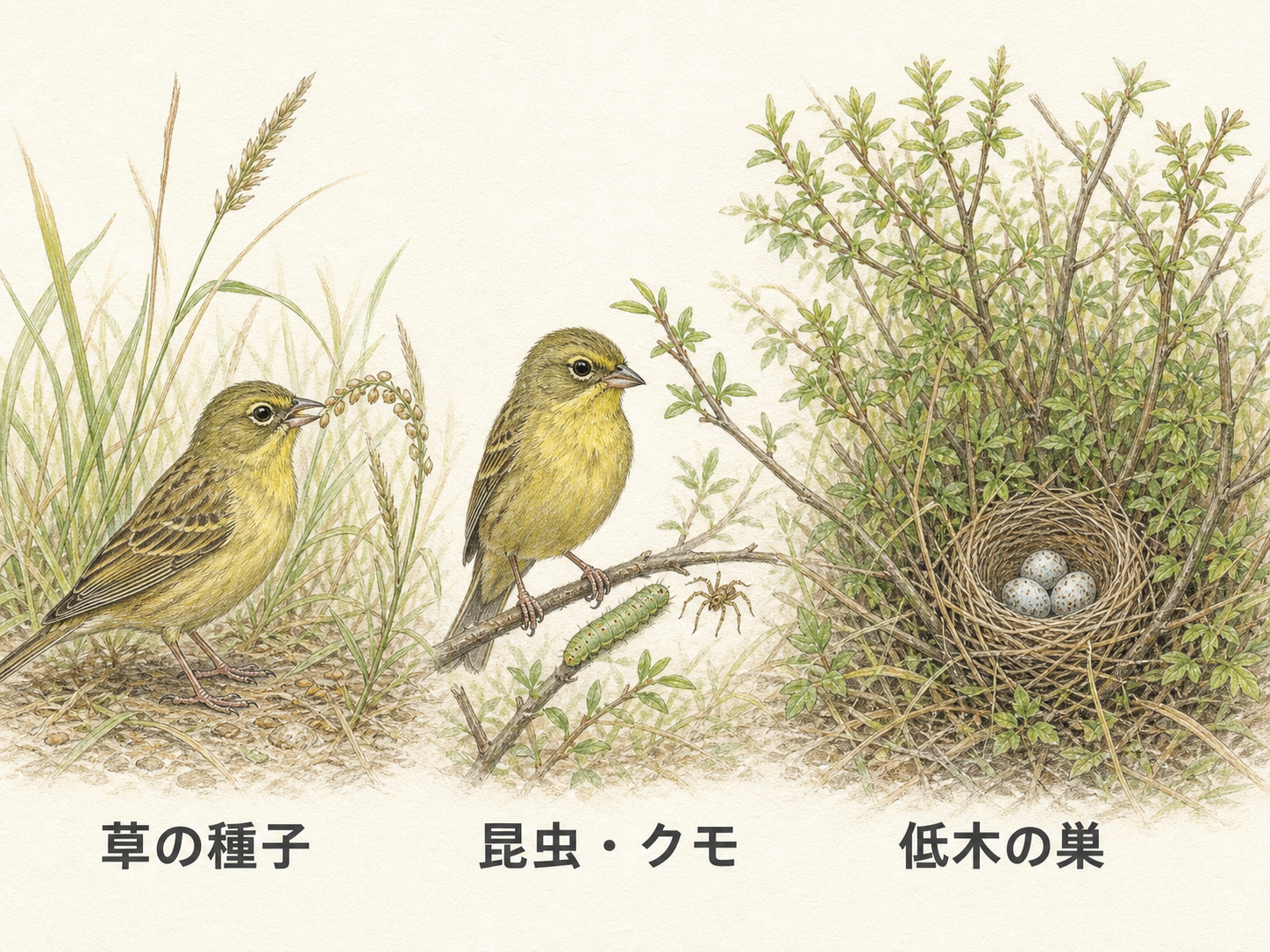 草の種子を食べるノジコと昆虫や低木の巣を日本語ラベルで示す生態図