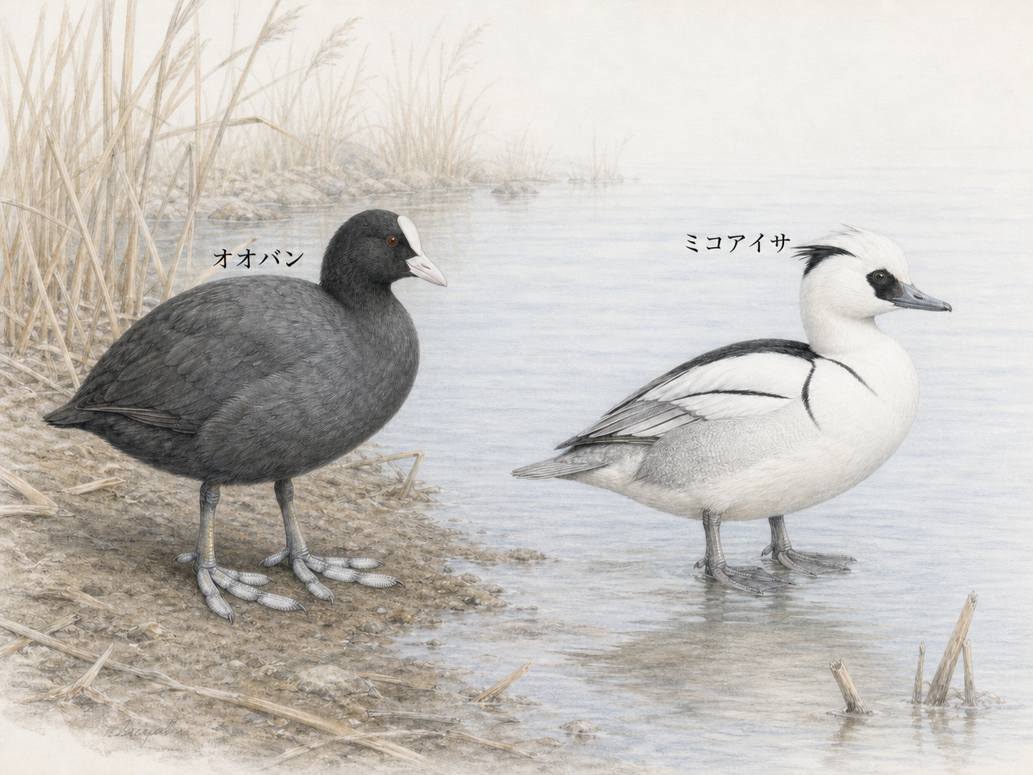 オオバンとミコアイサの名前を各個体の近くに記した色鉛筆画