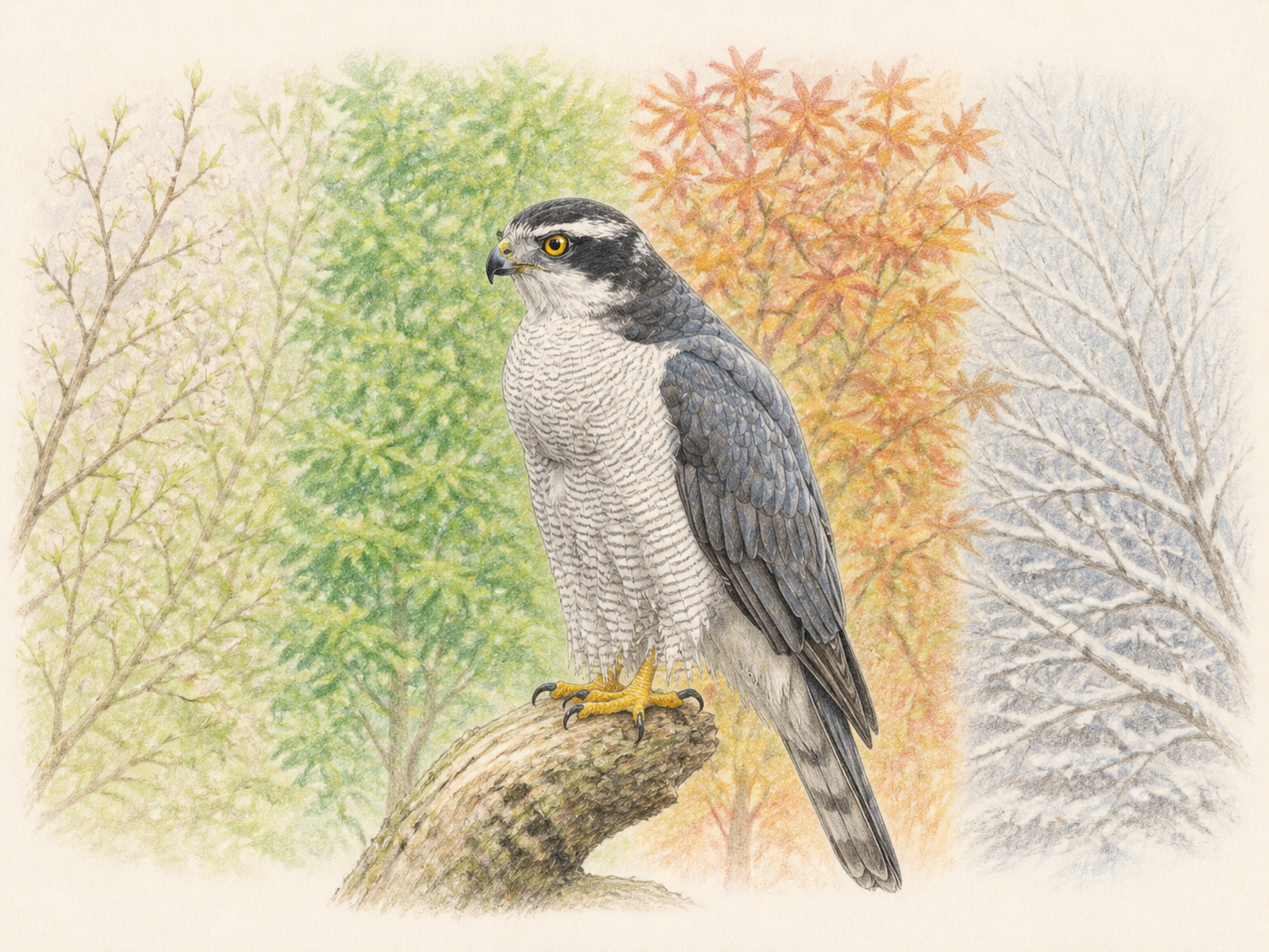 オオタカの季節|春夏秋冬の里山に止まる成鳥オオタカの色鉛筆画