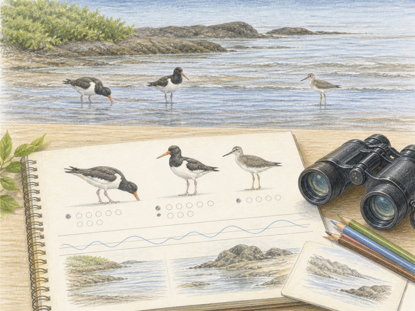 海岸の鳥のスケッチと潮の変化、観察数をまとめた自由研究作品