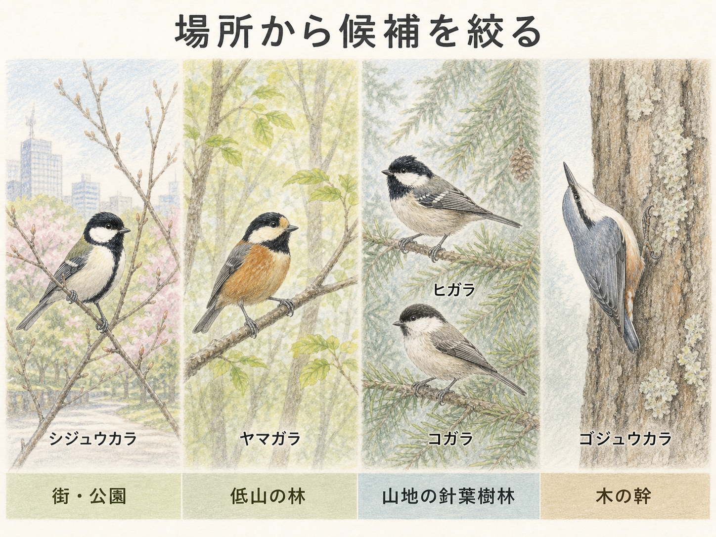 住宅地・山地・樹木の幹・水辺でシジュウカラに似た鳥を絞り込むイラスト