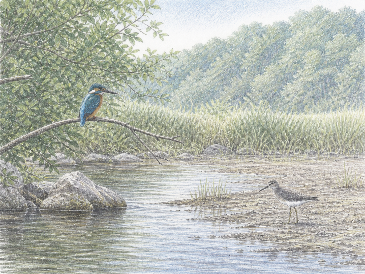 夏の水辺で枝にとまるカワセミと浅瀬に立つキアシシギの淡い色鉛筆画