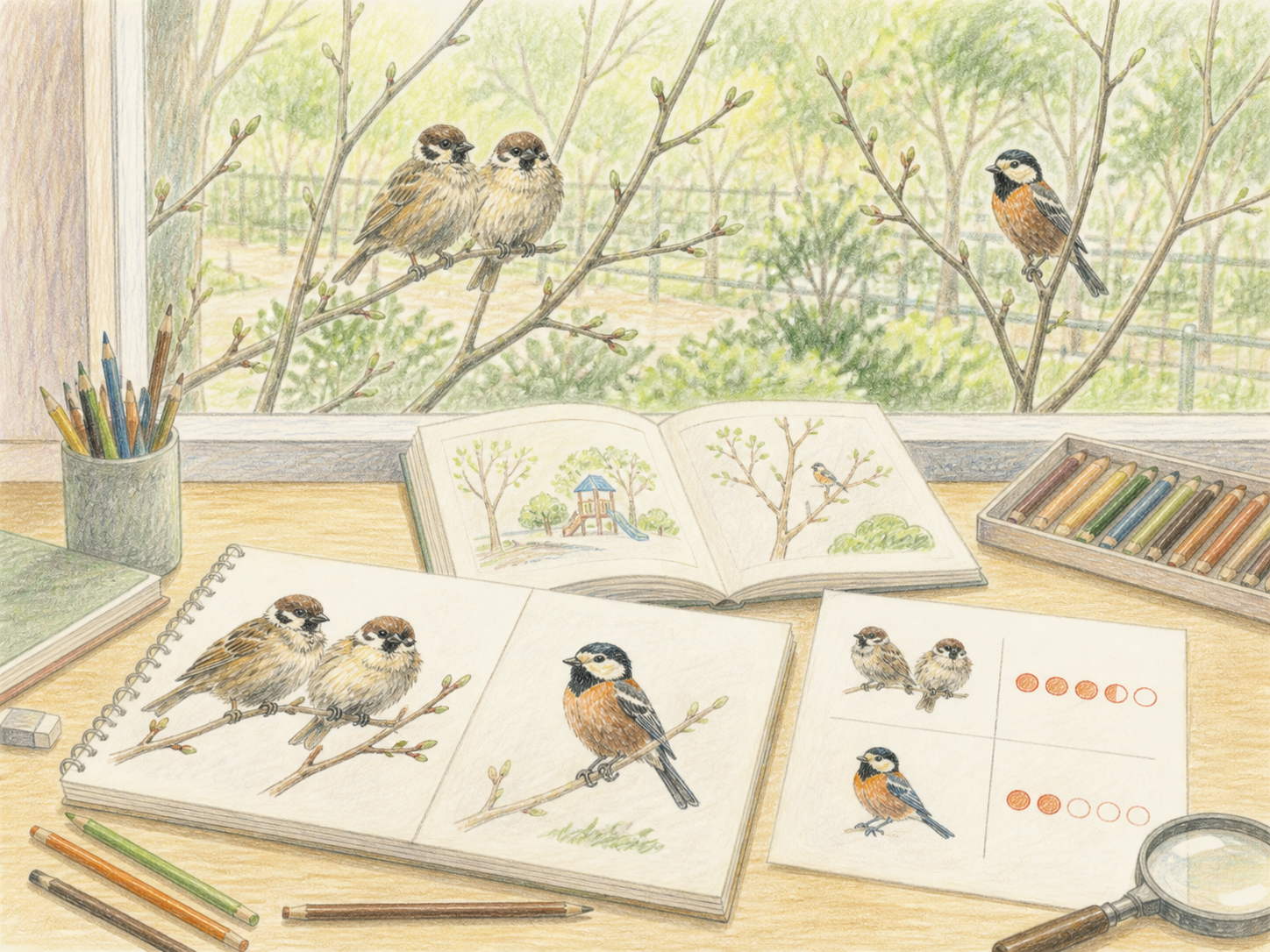 公園の野鳥スケッチと観察数を色鉛筆でまとめた小学生の自由研究作品