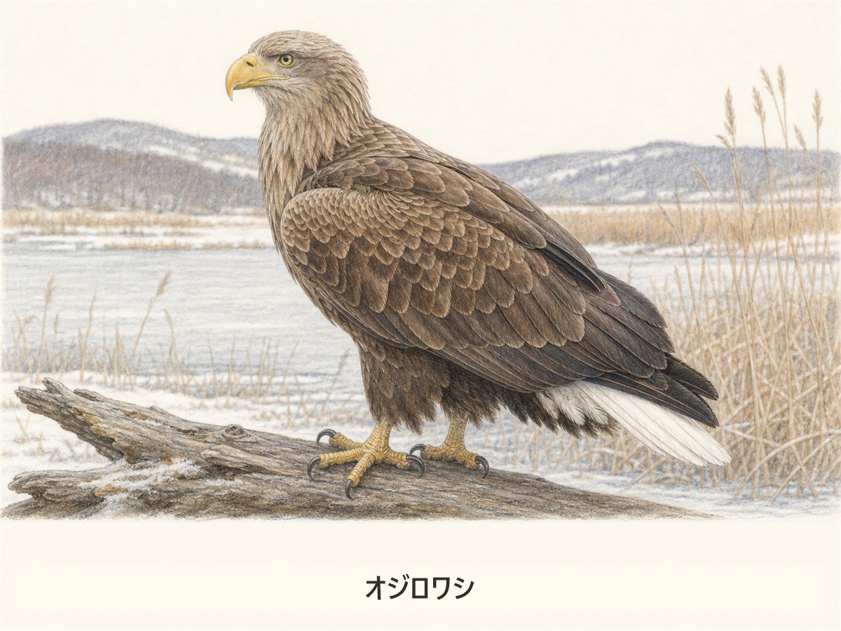 オジロワシの褐色の体、淡い頭部、白い尾