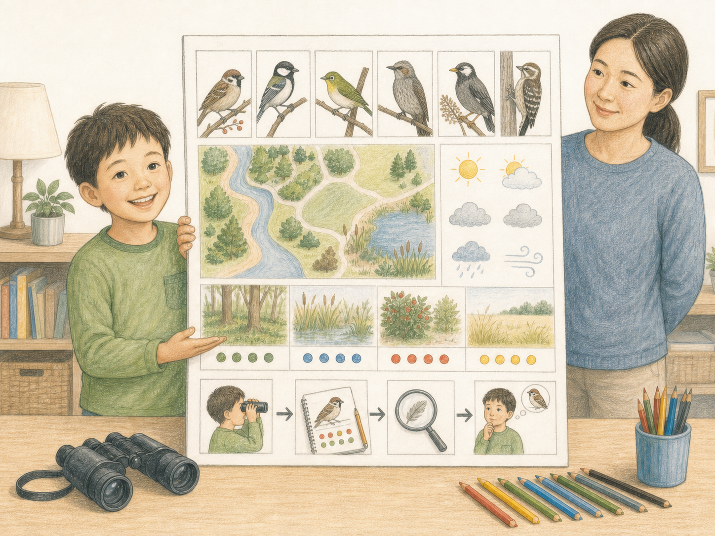 小学生がスズメ、シジュウカラ、メジロ、ヒヨドリ、ムクドリ、コゲラを描いた自由研究ポスターを保護者と発表する淡い色鉛筆画