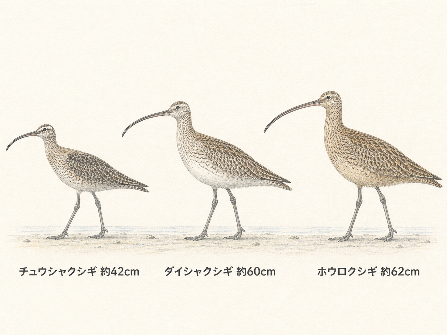 チュウシャクシギ約42cm・ダイシャクシギ約60cm・ホウロクシギ約62cmの大きさと外見を比較したイラスト