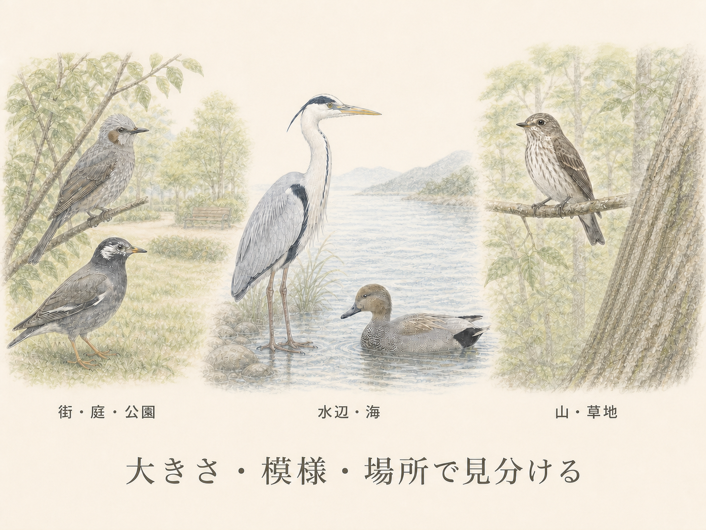 灰色の鳥を街・庭・公園、水辺・海、山・草地の環境別に見分ける色鉛筆画
