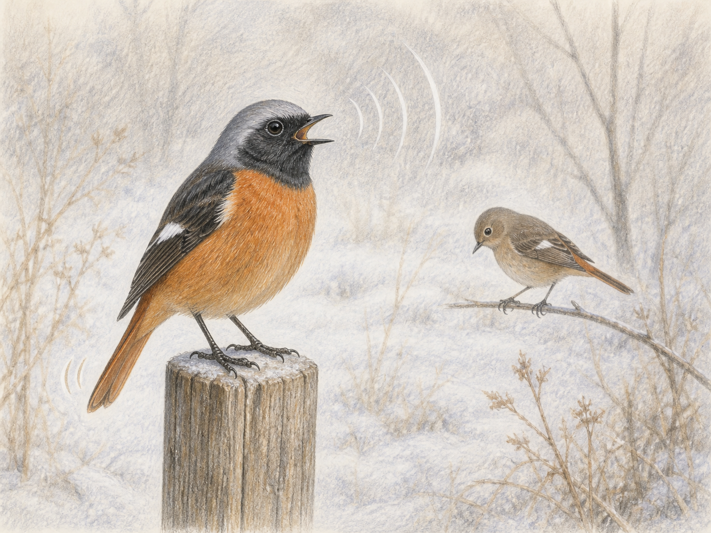 鳴き声を出して尾を振るジョウビタキと冬の縄張り行動のイラスト