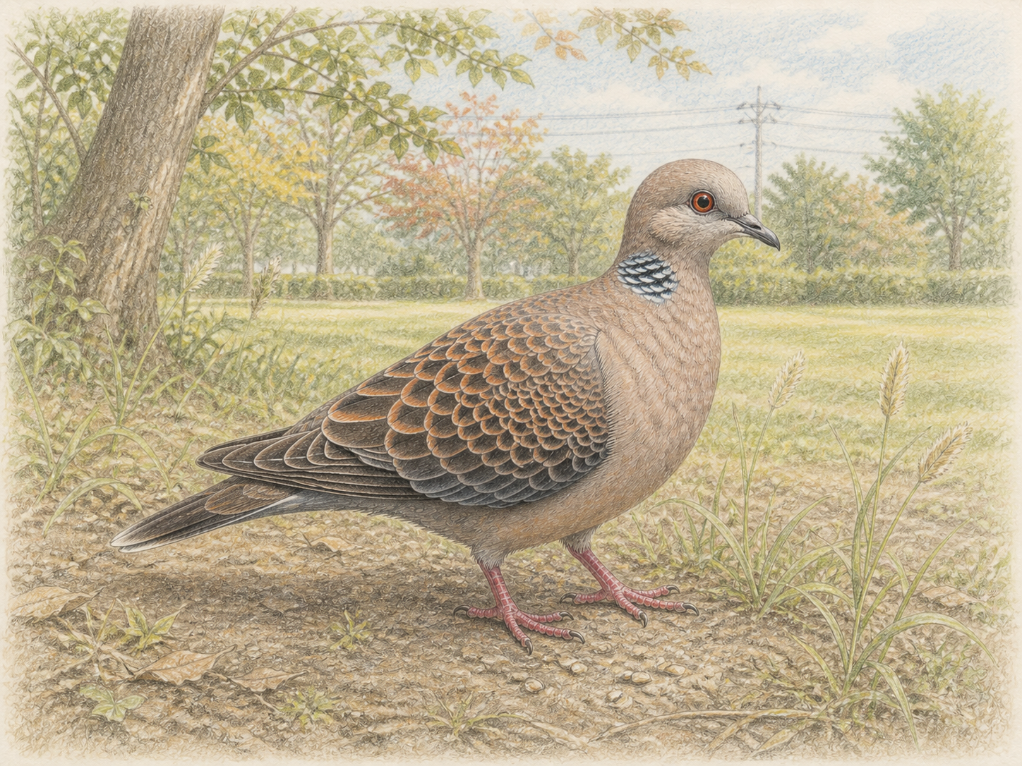 公園と林の境で立つキジバトの生息環境を描いたイラスト