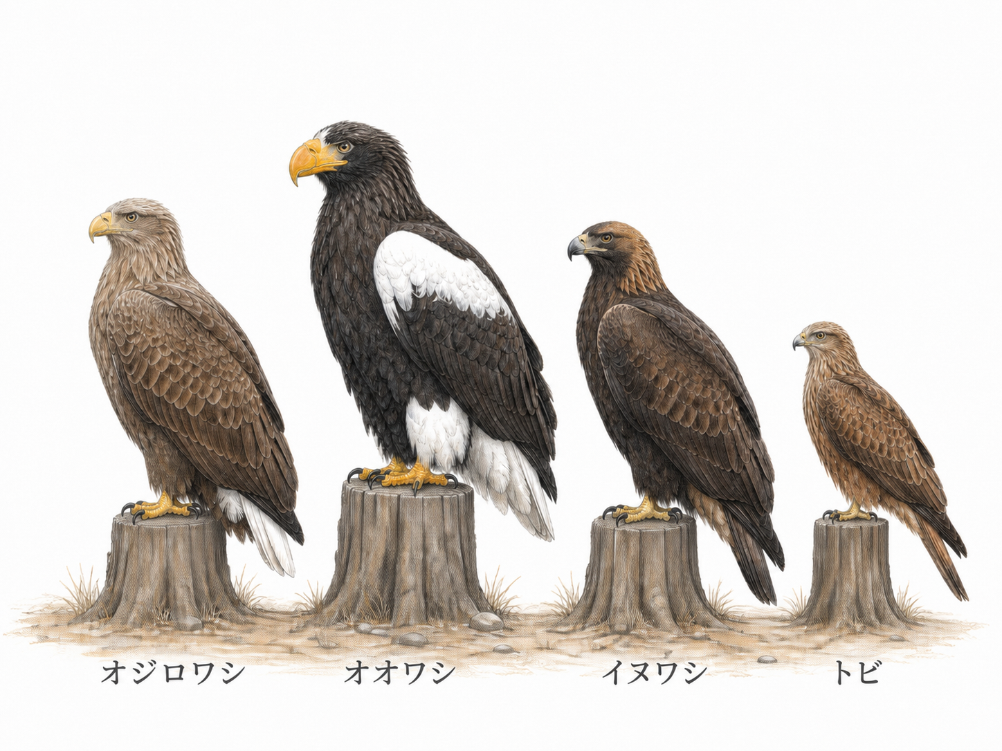 切り株にとまるオジロワシ、オオワシ、イヌワシ、トビを鳥名ラベル付きで比較した淡い色鉛筆画