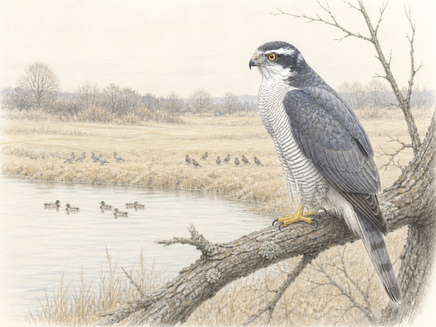 オオタカの食べ物と狩り|池と農地を枝から見張る成鳥の色鉛筆画