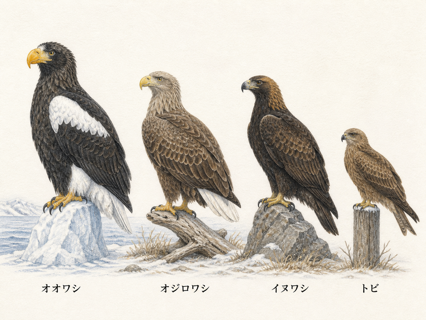 枝や切り株にとまるオオワシ・オジロワシ・イヌワシ・トビを鳥名と特徴の日本語ラベル付きで比較した淡い色鉛筆画