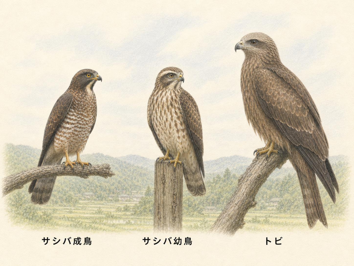 成鳥と幼鳥を含むサシバとトビのよくある識別疑問を示すイラスト