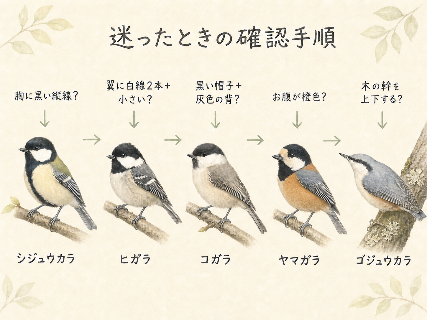 胸の黒い線・頭の模様・腹の色・長い尾・幹での動きを確認する識別手順イラスト