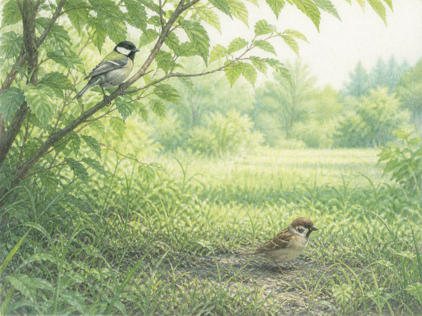 夏の早朝の林縁で枝にとまるシジュウカラと木陰のスズメを描いた色鉛筆画