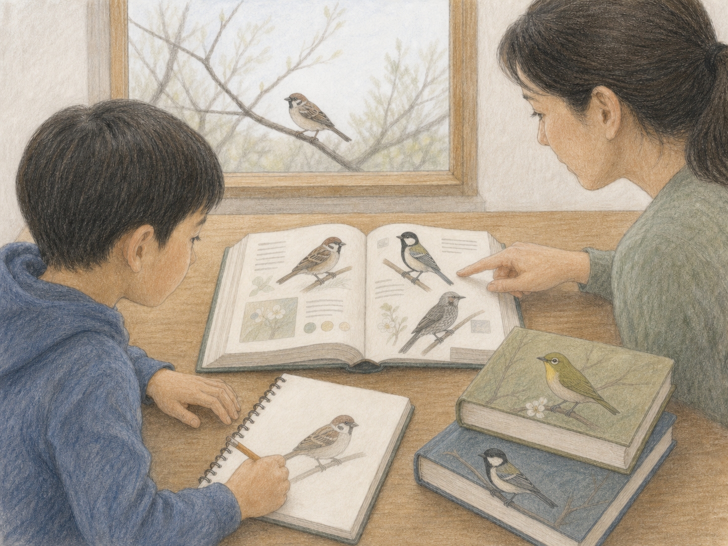 小学生と保護者が図鑑と観察ノートでスズメ、シジュウカラ、メジロ、ヒヨドリの特徴を確認する淡い色鉛筆画