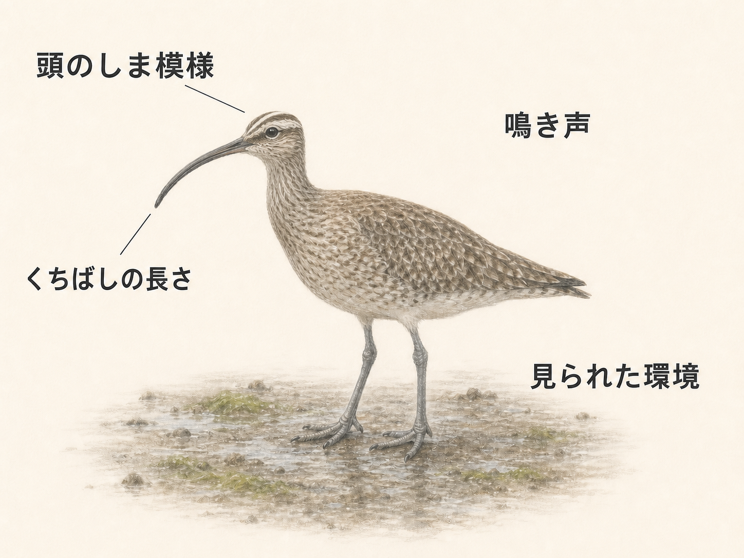 白い頭央線のあるチュウシャクシギを頭のしま模様・くちばしの長さ・鳴き声・見られた環境で識別するイラスト