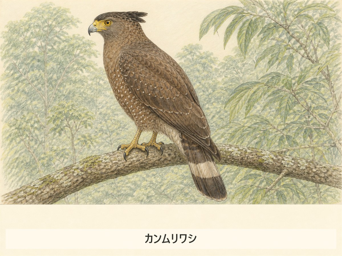 カンムリワシの冠羽、黄色い目の周り、胸の白斑と尾の帯