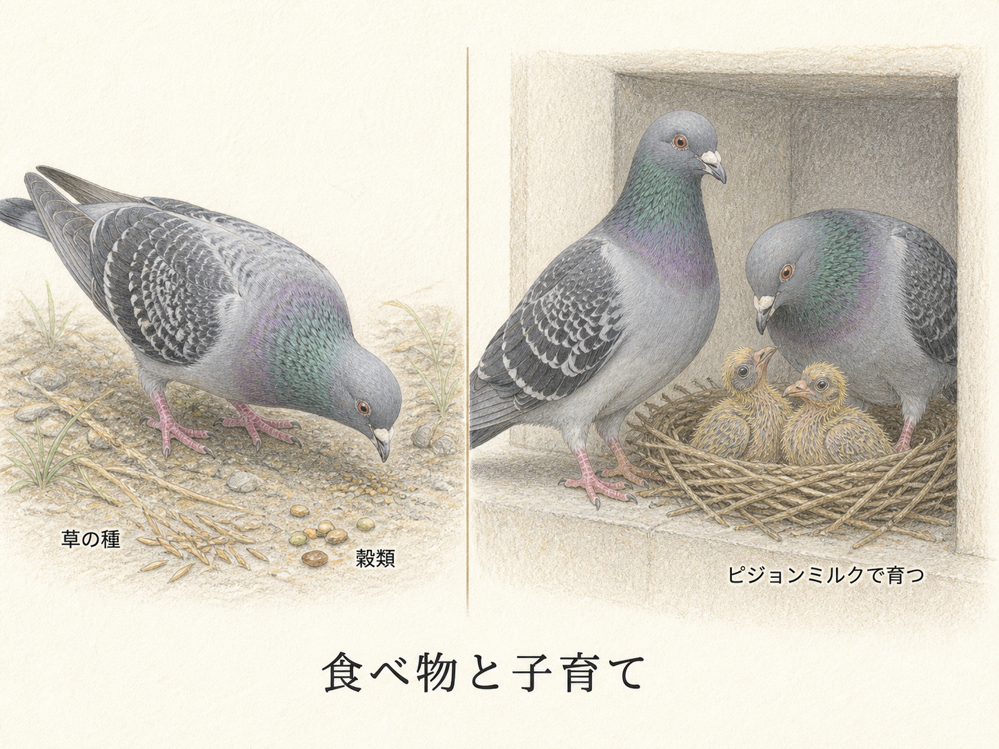 草の種や穀類を食べるドバトと巣で育つ2羽のヒナの解説図