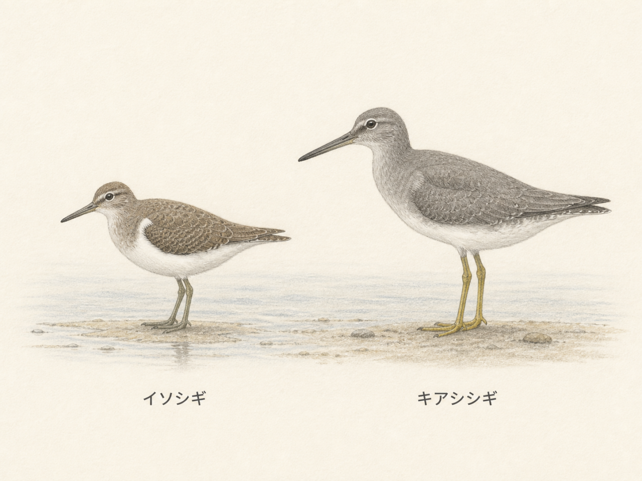 白い肩のイソシギと黄色い足のキアシシギを並べたまとめイラスト