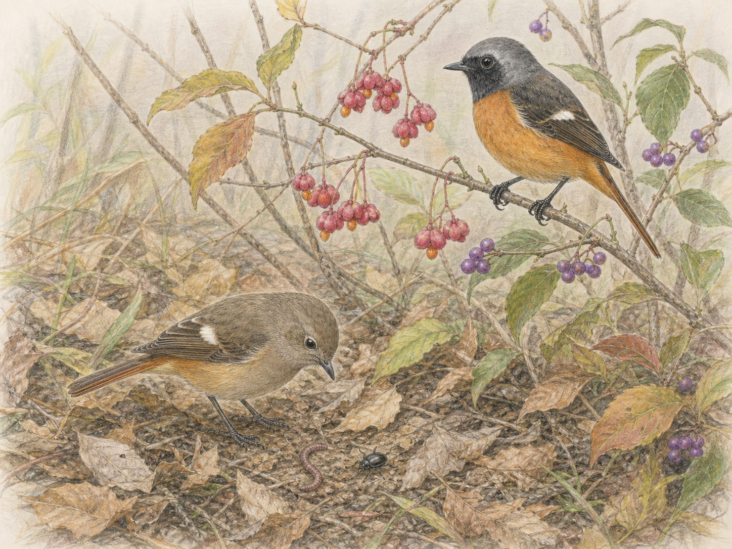 昆虫やミミズや木の実を食べるジョウビタキの食性イラスト