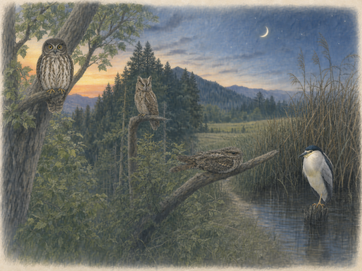 正面を向いて枝にとまるアオバズクと夏の夜の森林・草地・水辺の野鳥を描いた淡い色鉛筆画