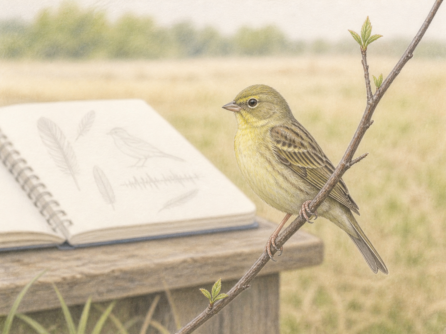 ノジコと野鳥の観察ノートを描いた淡い色鉛筆画