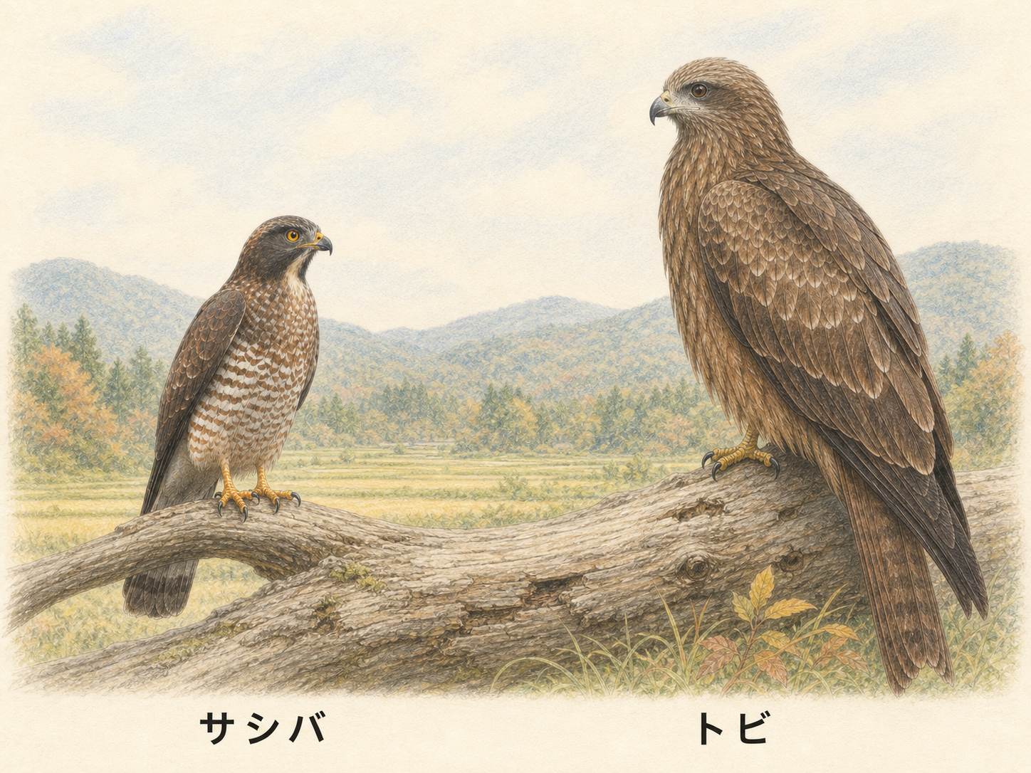 枝に止まるサシバとトビの違いをまとめた淡い色鉛筆イラスト