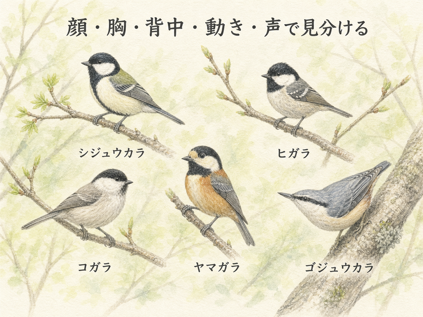 顔・胸・背中・動き・声でシジュウカラに似た鳥を見分けるまとめイラスト