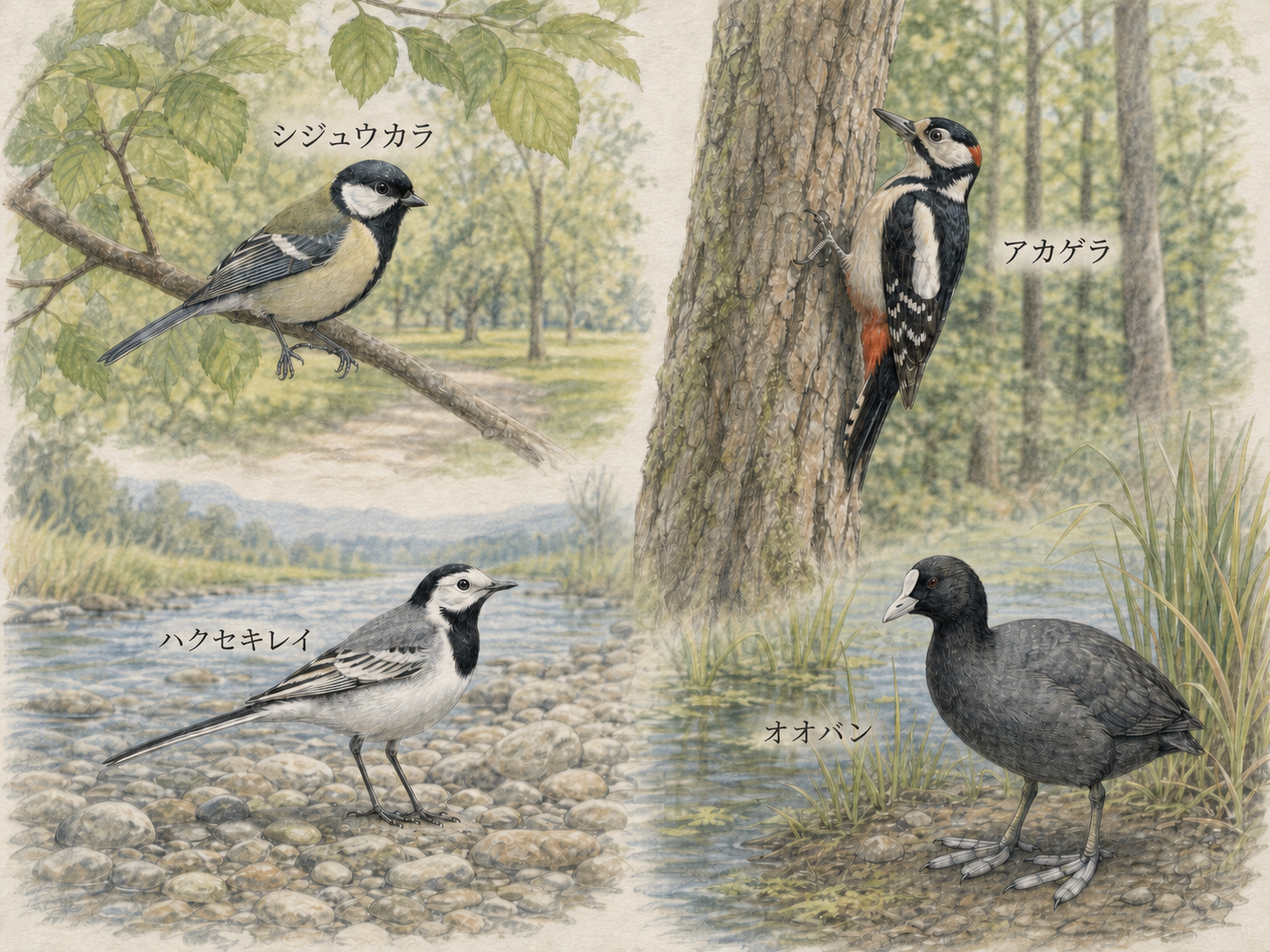 シジュウカラ、アカゲラ、ハクセキレイ、オオバンの名前を各個体の近くに記した色鉛筆画