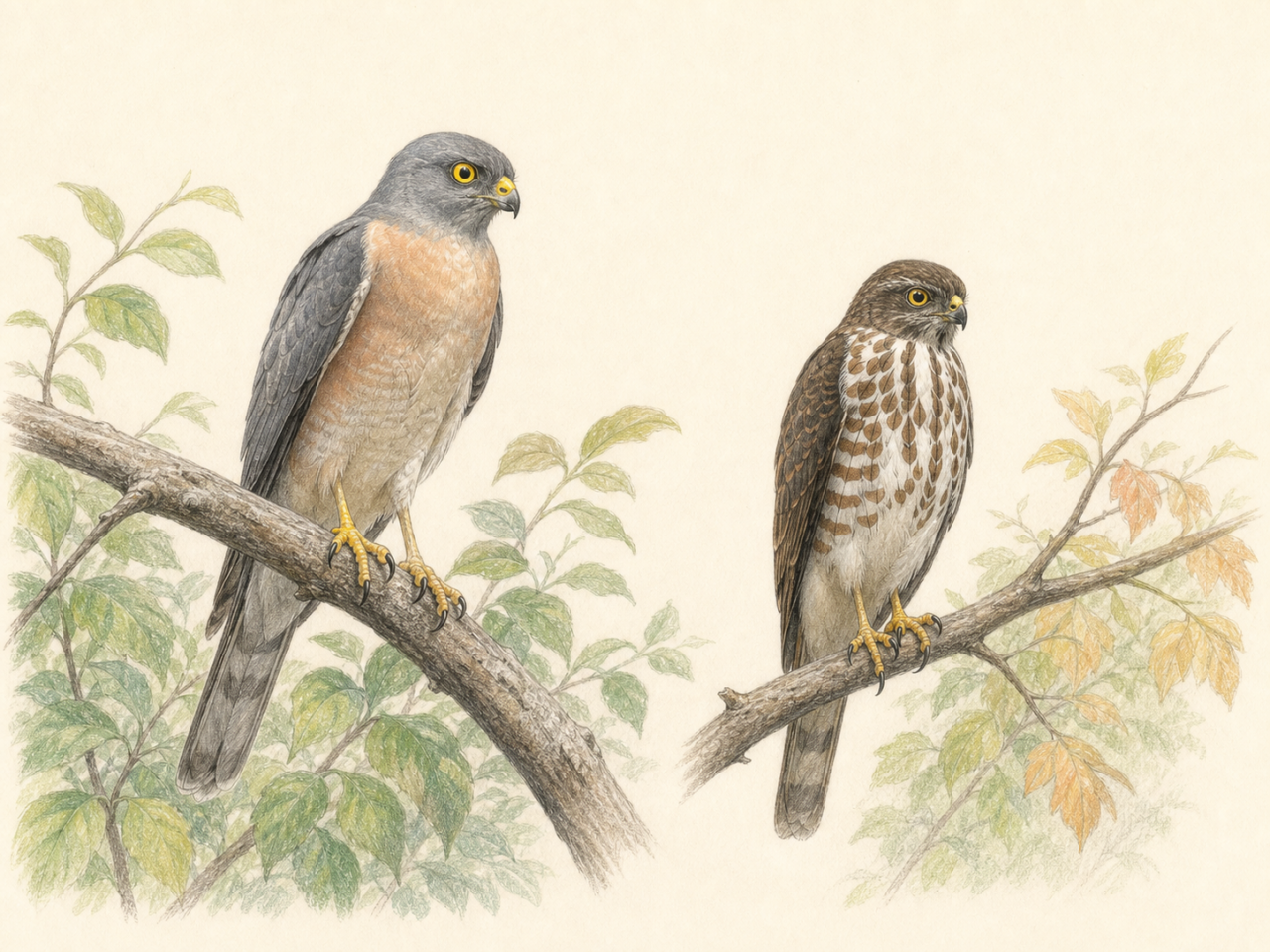 枝に止まるアカハラダカ成鳥と幼鳥の淡い色鉛筆画