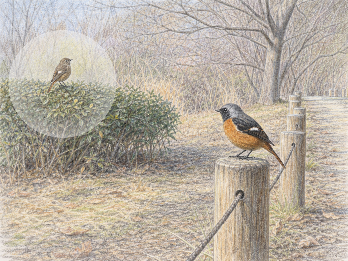 冬の公園で杭や低木の上からジョウビタキを見つけるコツのイラスト