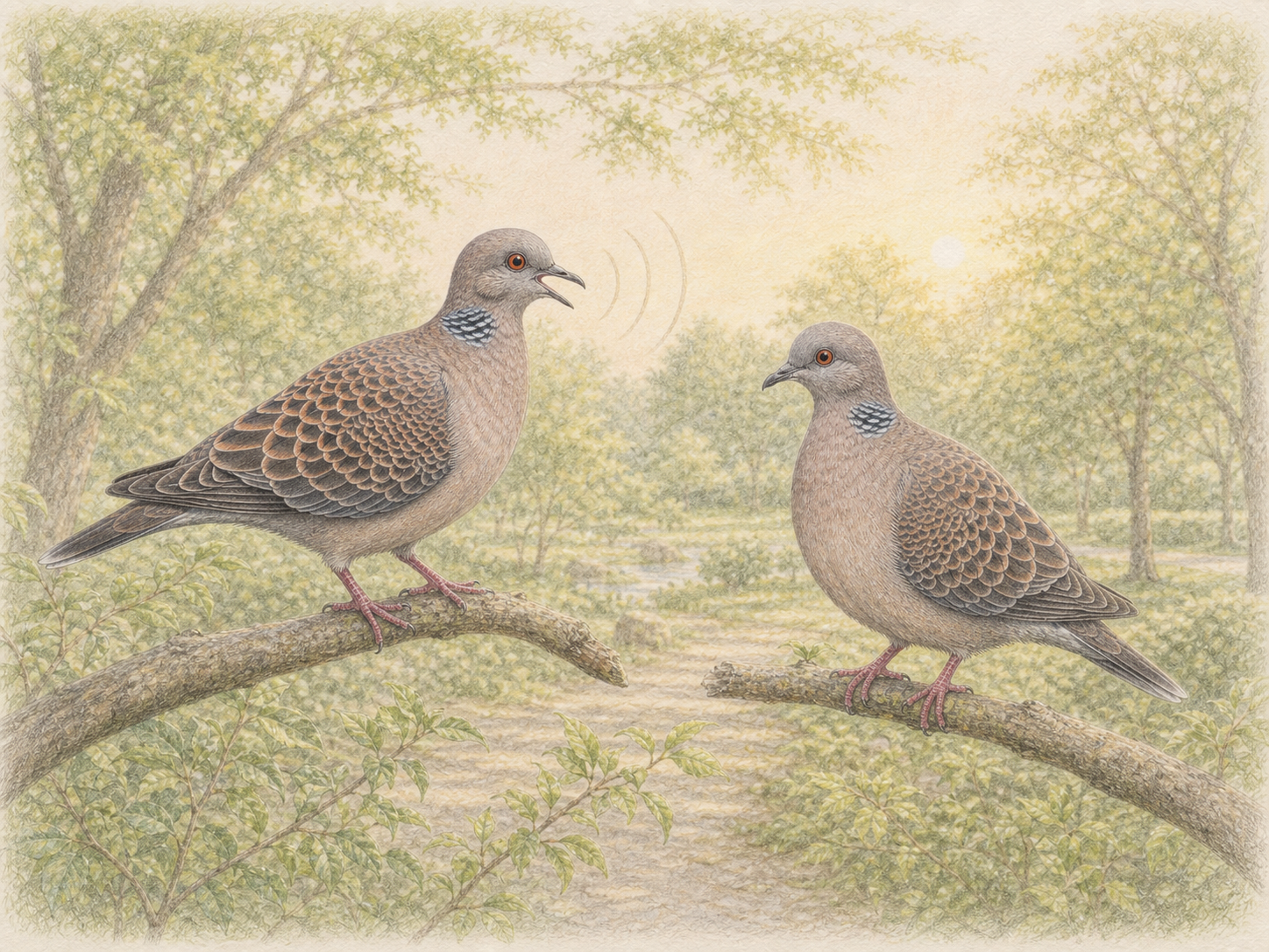 朝の公園で鳴き交わすキジバトのつがいの色鉛筆イラスト