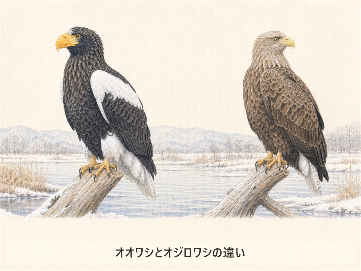 オオワシとオジロワシの羽色・くちばし・尾の比較イラスト