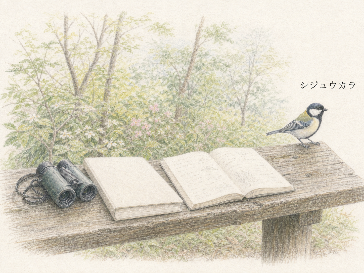 双眼鏡と野鳥図鑑のそばにいるシジュウカラの名前を記した色鉛筆画