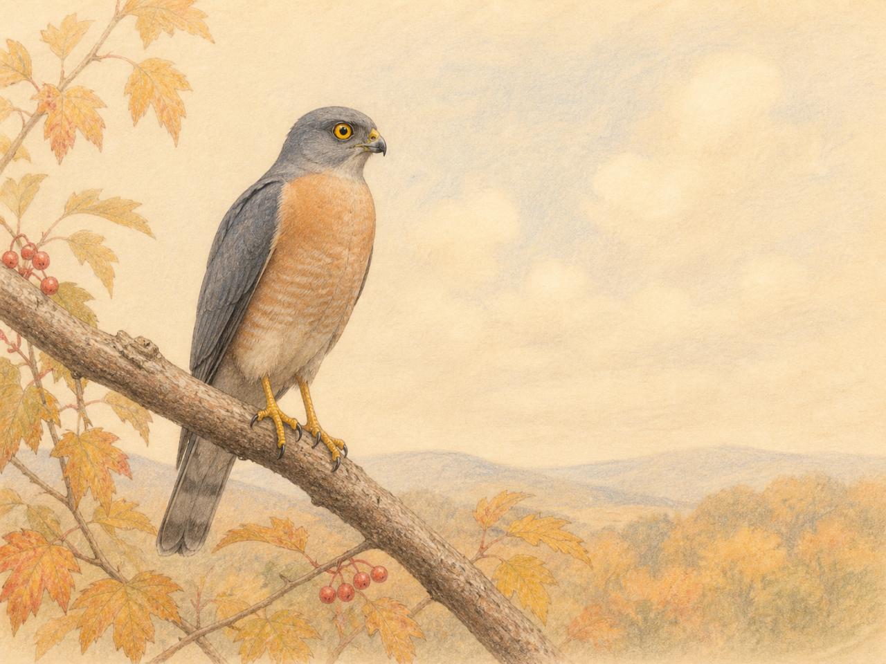 秋の木の枝に止まるアカハラダカ成鳥の淡い色鉛筆画