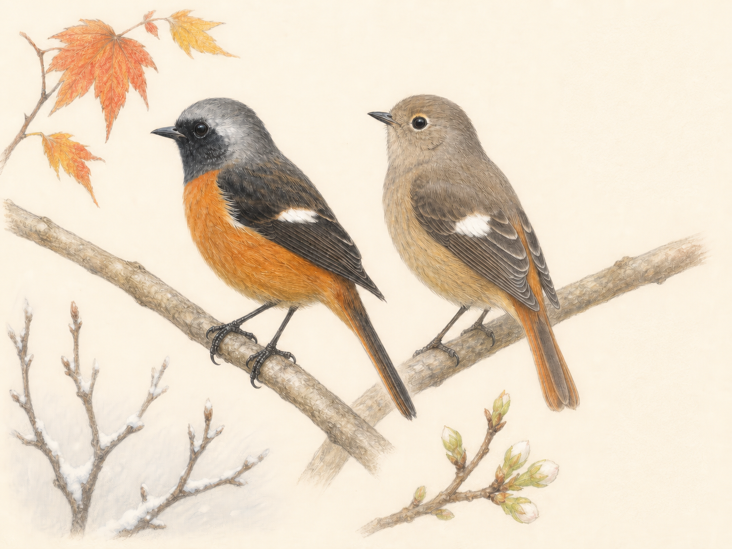ジョウビタキのオスとメスを秋冬春の植物とともに描いた淡い色鉛筆イラスト