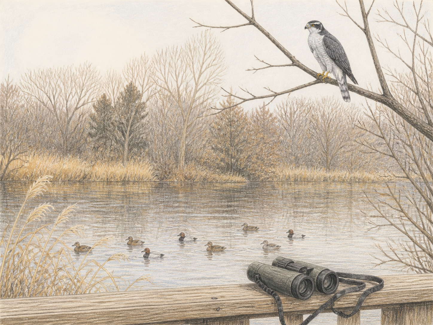 オオタカの探し方|冬の池の対岸の枝に止まる成鳥と双眼鏡の色鉛筆画