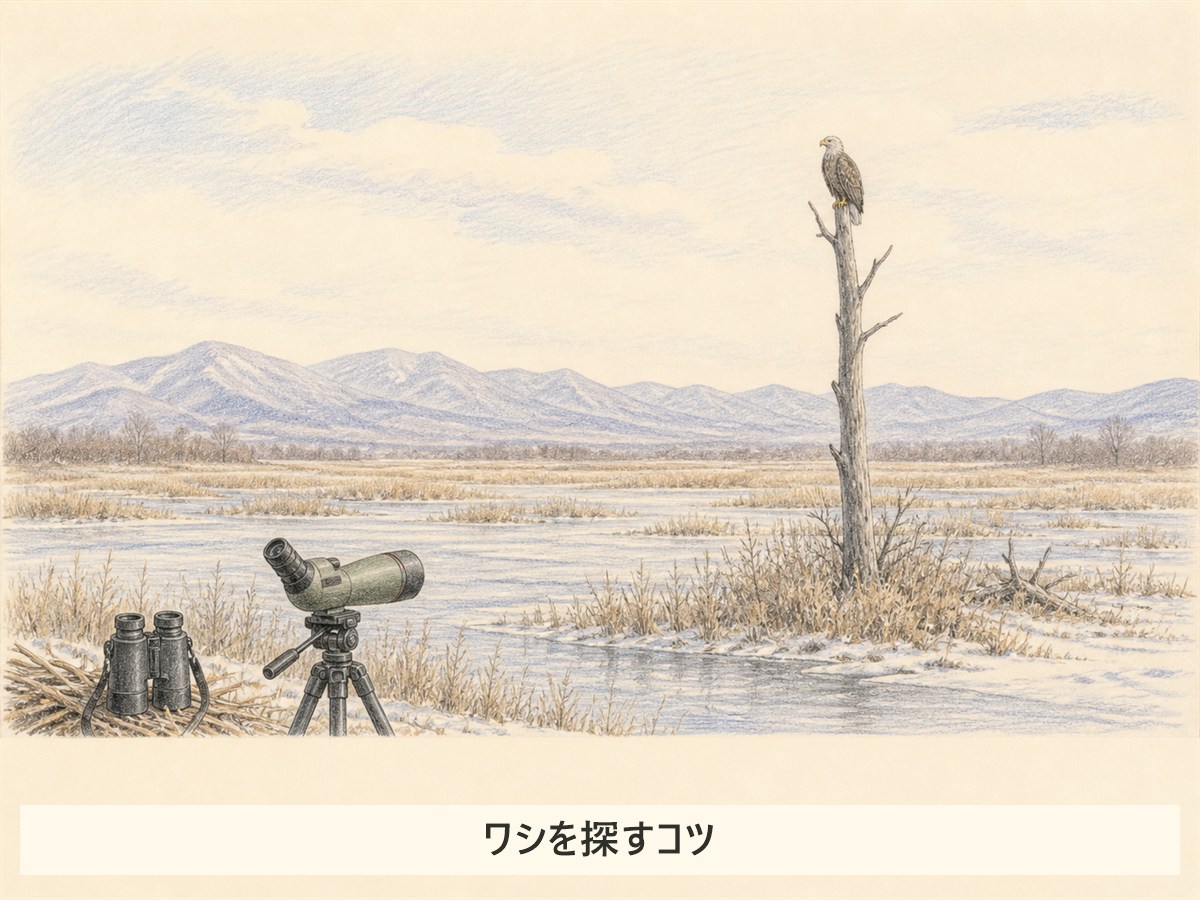 広い水辺でワシを探す様子を描いたイラスト