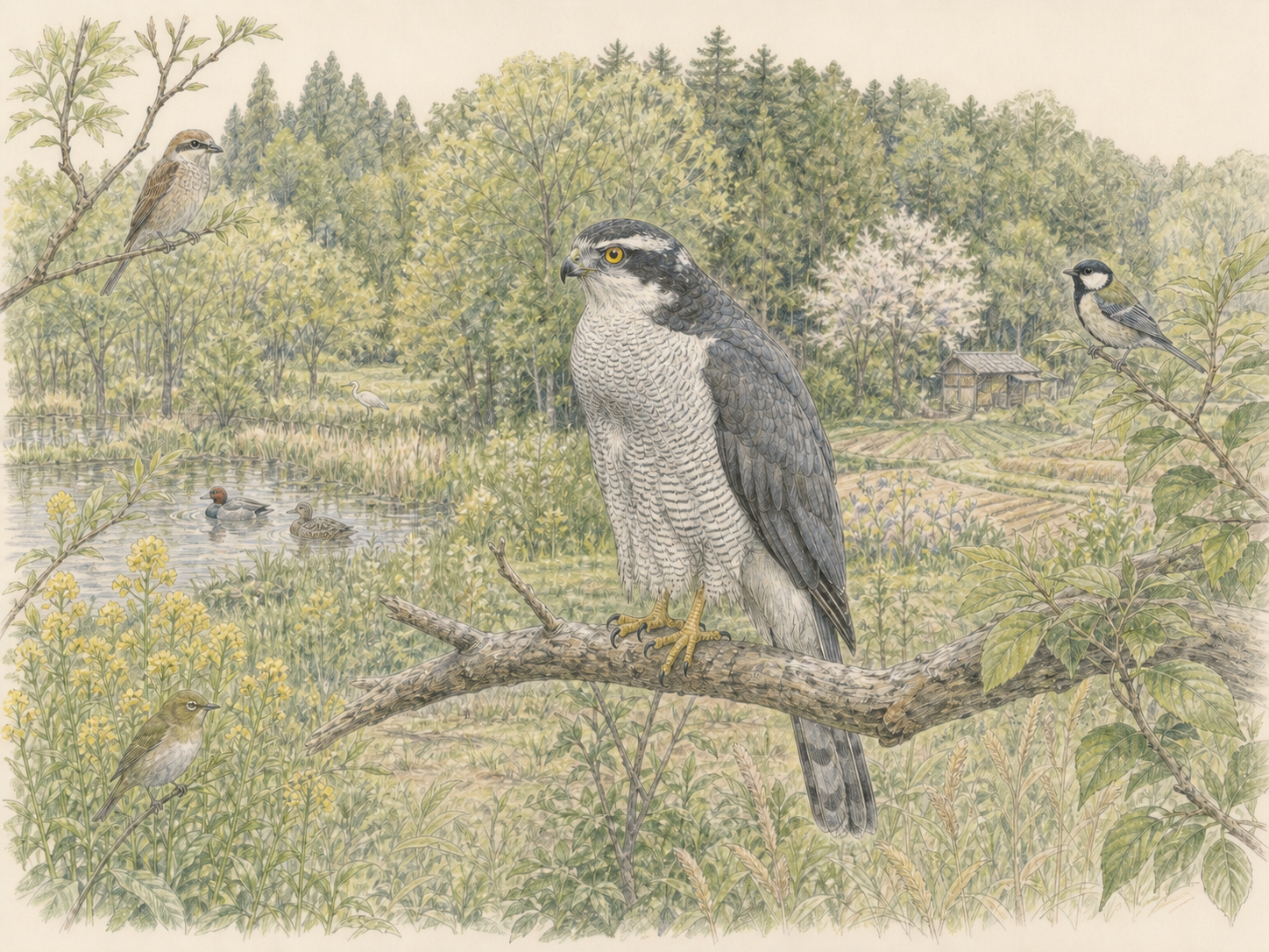 オオタカの保全|樹林・農地・水辺がつながる豊かな里山の色鉛筆画